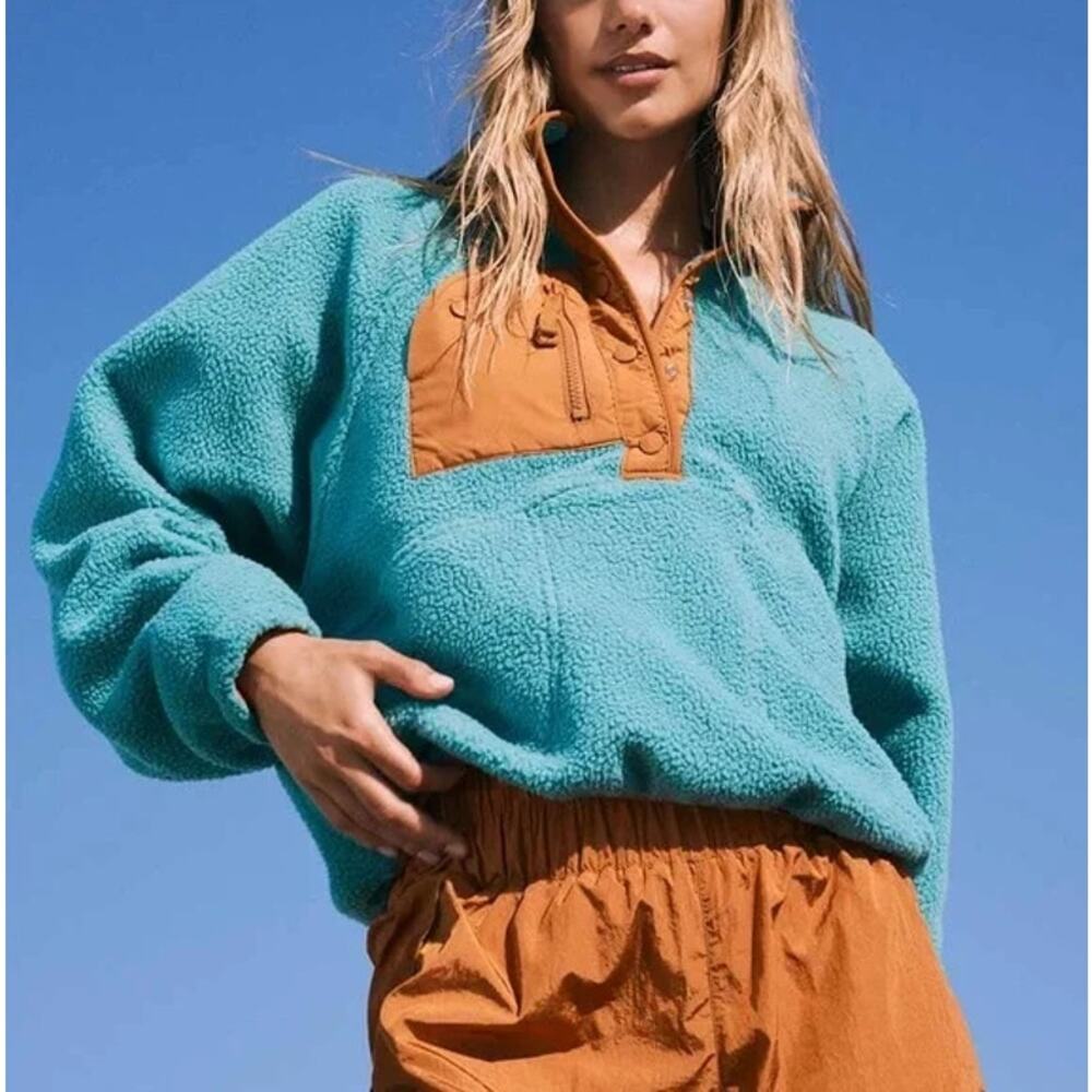 Free People FP Movement Hit The Slopes Sherpa Fleece Pullover Teal XS $168 MSRP